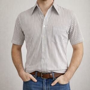 Vintage Mens Medium 70s Sears White Brown Pinstripe Knit Shirt 42